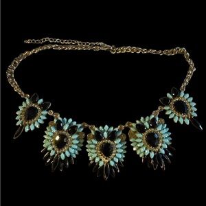 Elegant Gold, Black, Light Blue, Rhinestone Statement Necklace